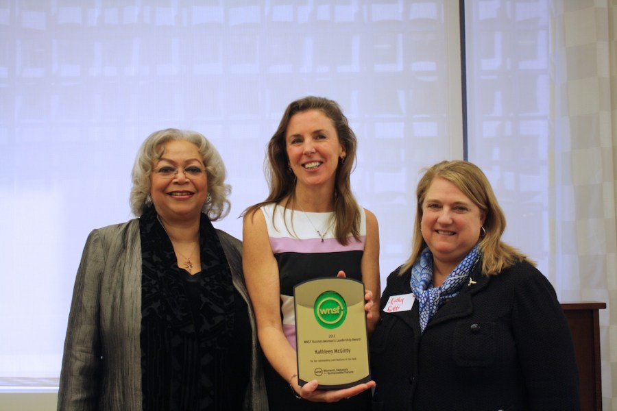 Summit Chair Dianne DIllon-Ridgley and Board Chair Kathy Robb present WNSF Leadership Award to Katie McGinty of Weston Solutions